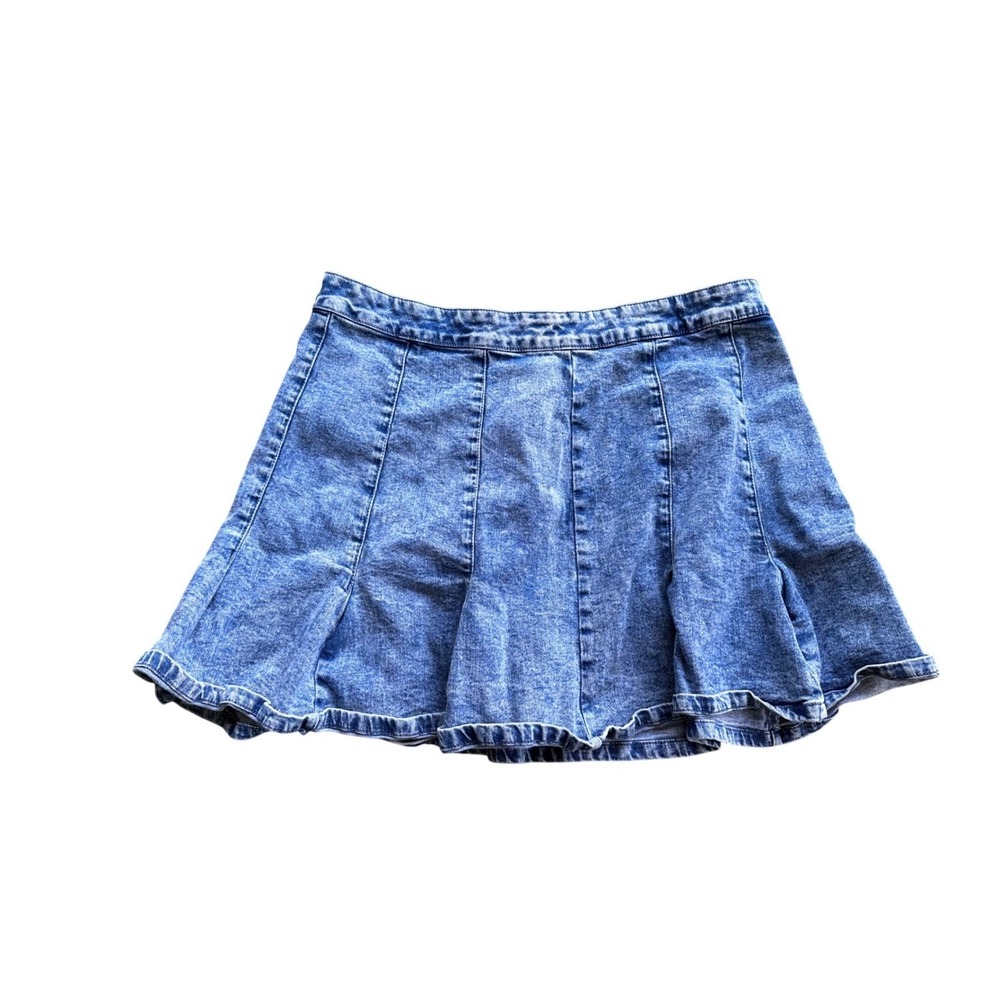 No Boundaries Acid Wash Denim Mini‎ Skirt Blue Flared Skater Back Zip Size 21